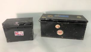 Black rectangular tin two-handled box with Unipart Racing Team label, another larger black metal box