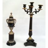 Bronzed four-branch candlestick, gilt metal mounts, tapered on tripod base and claw feet, 49cm