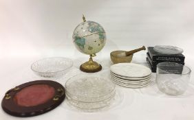 Assorted white china to include serving plates, platters, a globe on turned wooden stand,