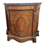 Modern fruitwood inlaid and gilt metal side cabinet in the French taste, the serpentine-fronted