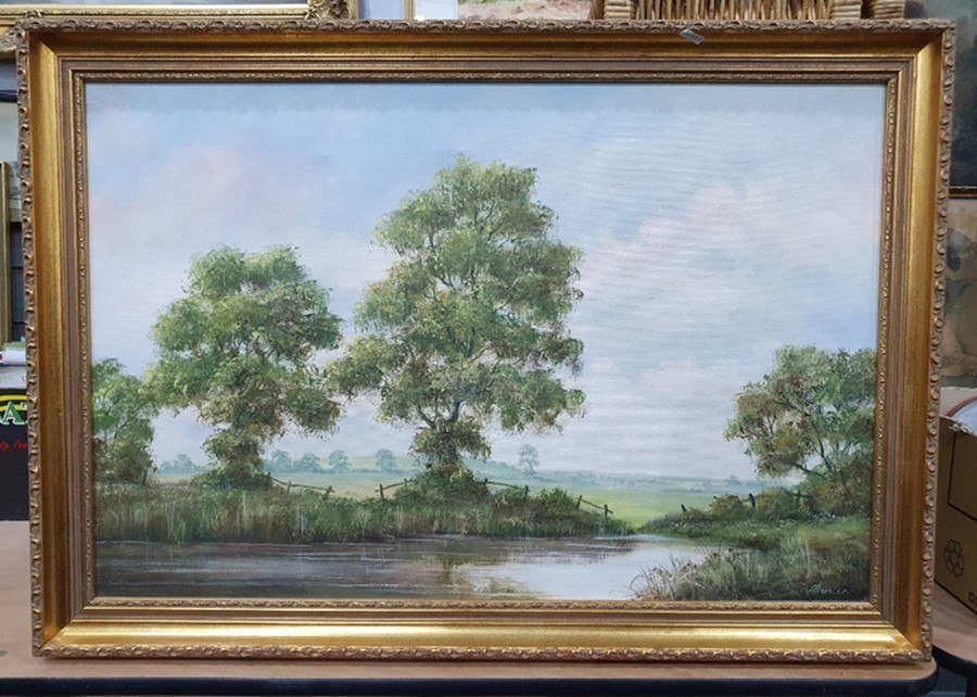 Quantity of pictures and prints to include 20th century oil on canvas, river scene (9) - Image 2 of 12