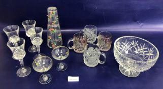 Set of six Babycham glasses, a cut glass fruit bowl, a rose decorated water carafe and tumbler,