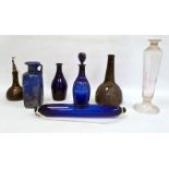 Two old green glass bottles, two various blue spirit decanters, iridescent blue flask, square,