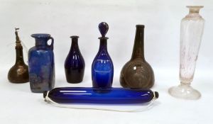 Two old green glass bottles, two various blue spirit decanters, iridescent blue flask, square,