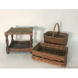 Assorted wicker baskets, table lamps and small stool