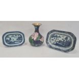 Antique Chinese export porcelain oblong dish with lakeside landscape decoration in blue, 25cm