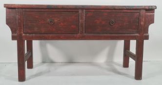 Country-style shabby-chic sideboard, the rectangular top above two deep drawers, on square section