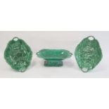 Wedgwood green majolica leaf and basket pattern two-handled rectangular comport and a pair of