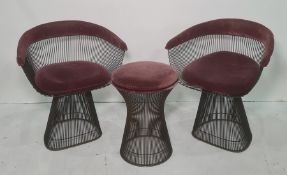 In the manner of Warren Platner for Knoll set of four wire chairs and stool with plum-coloured
