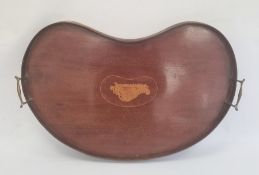 19th century mahogany kidney-shaped twin-handled tray with conch shell inlay to centre, 67cm wide