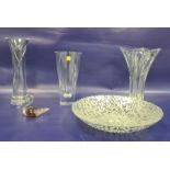 Modern Waterford glass vase with everted rim, incised spiral decoration, 30cm high, two other modern