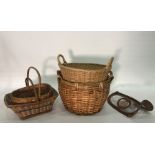 Wicker two-handled laundry basket and other assorted wicker baskets (4)