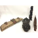 African carved wood mask with headdress, indigenous painted and carved wood model totem pole with