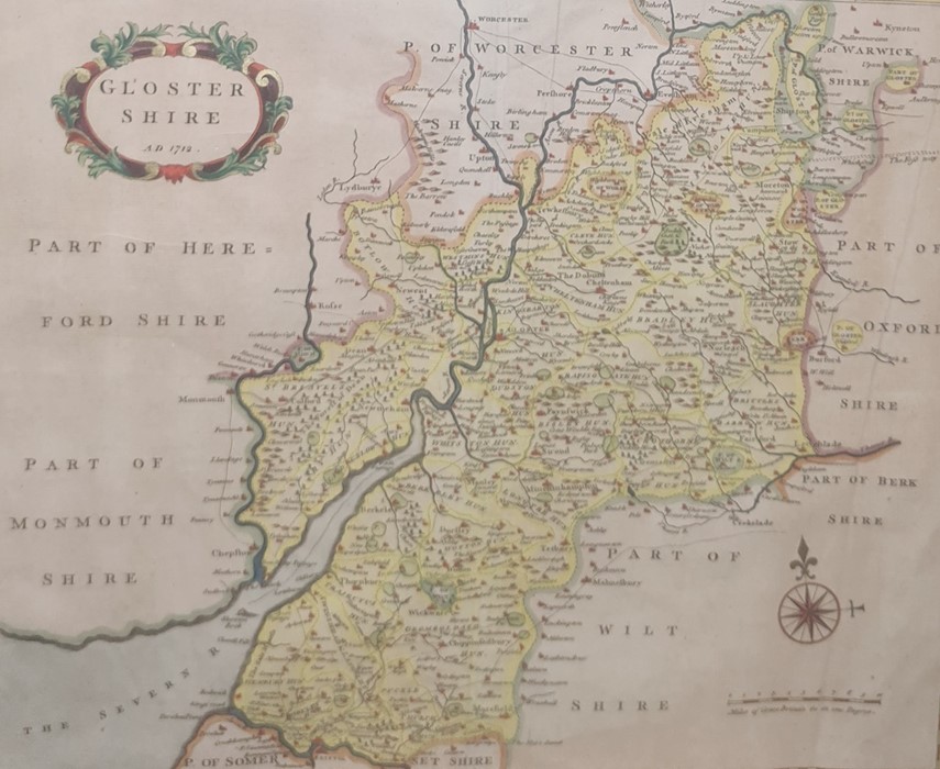 After Robert Morden, colour map of Glostershire AD1712, labelled to reverse 'Regent Gallery, 14