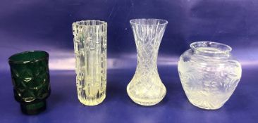 Sklo Union green mid 20th century clear glass vase with incised geometric stepped panels, designed