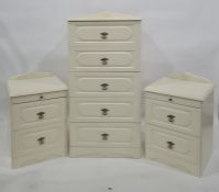 Modern five-drawer bedroom chest and two bedside chests in cream finish (3)  Condition ReportTall