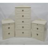 Modern five-drawer bedroom chest and two bedside chests in cream finish (3)  Condition ReportTall