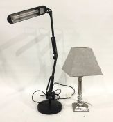 Modern anglepoise style reading desk lamp and a silver coloured metal table lamp with shade (2)