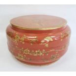 Chinese lacquered wood dowry box and cover, circular, red ground with peacock and flowering branch