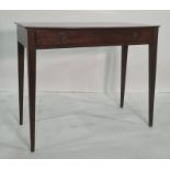 19th century mahogany bowfront single drawer side table on square section tapering supports, 90.