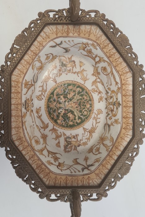 Reproduction gilt metal mounted porcelain pedestal bowl with scroll handles, shaped oval, - Image 3 of 5