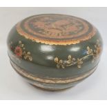 Chinese lacquered wood dowry box and cover, circular, green ground with gilt floral decoration, 34cm