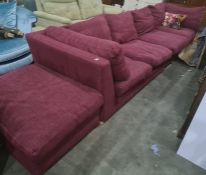 MultiYork corner sofa and pouffe in plum upholstery, with two scatter cushions