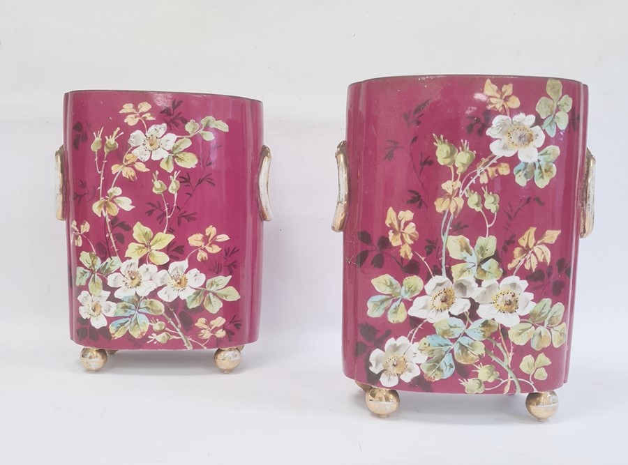 Pair of William Guerin Limoges France porcelain planters, oval shaped and straight-sided, maroon