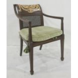 Regency style reproduction giltwood and polished wood open armchair with part cane back, cane seat