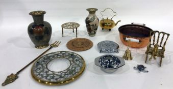 Metalware to include Indian vases, glassware, part dinner and tea service, poppy decorated, brass