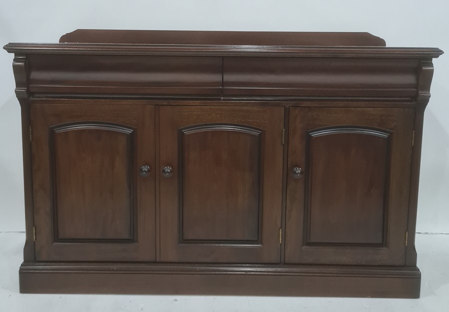 Modern mahogany sideboard, the rectangular top with moulded edge, two drawers above three cupboard