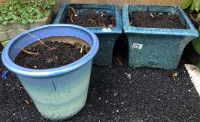 Pair of blue glazed pots and other garden pots