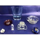 LSA blue and clear flared glass vase, glass model hat, glass miniature chamberpot, glass paperweight
