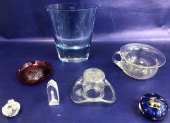 LSA blue and clear flared glass vase, glass model hat, glass miniature chamberpot, glass paperweight