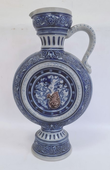 Simon Peter Gerz German westerwald stoneware ewer, having waisted neck, disc-shaped body, heraldic