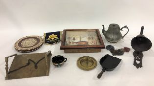 Three boxes of assorted items to include china, glassware, reproduction iron bell, coal shovel, etc.