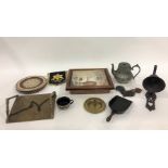 Three boxes of assorted items to include china, glassware, reproduction iron bell, coal shovel, etc.