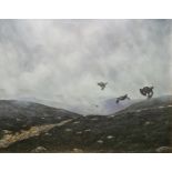Michael Sawdy  Oil on canvas Grouse in flight over moorland, signed upper left, 29.5cm x 59cm