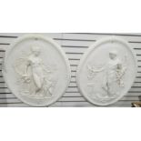 Pair classical oval plaster reliefs, one with Venus and Cupid and the other with male figure, 83cm