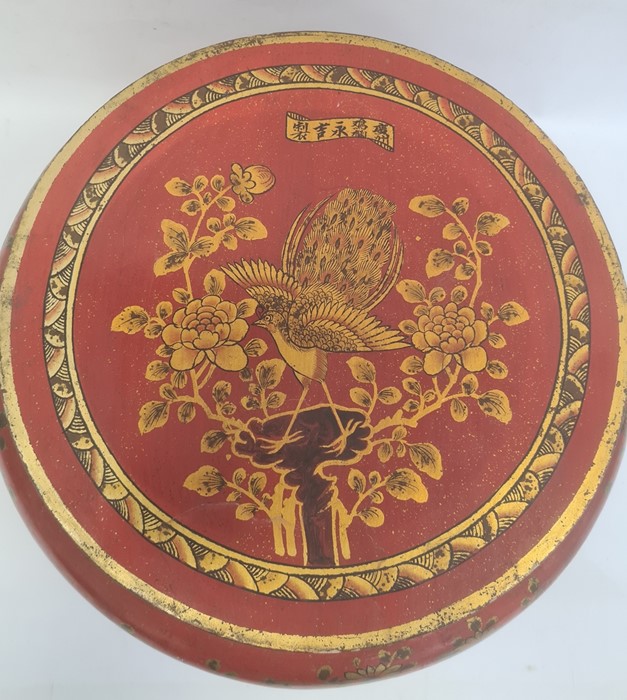 Chinese lacquered wood dowry box and cover, circular, red ground with peacock and flowering branch - Image 2 of 3