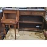 Oak framed chair, a bedside table and a mahogany bookcase together with two stickback chairs (5)