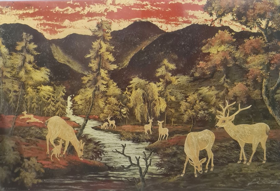 Lacquered picture on panel Deer in mountainous landscape, unframed, 39.7cm x 60cm