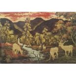 Lacquered picture on panel Deer in mountainous landscape, unframed, 39.7cm x 60cm