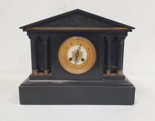 Black slate mantel clock of architectural Greek form, Arabic numerals to the dial, on plinth base,
