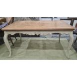 French-style dining table, the rectangular top with rounded corners, cream painted base with