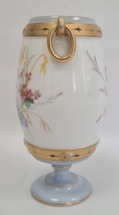 Continental porcelain vase, the barrel-shaped body with gilt border and ring handles, painted with - Image 2 of 6