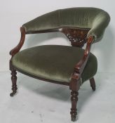 Victorian salon chair with decorative inlay to the back, green upholstered seat, on turned