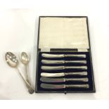 Set of six silver-handled afternoon tea knives, Sheffield assay, maker JB, cased, a silver dessert