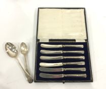 Set of six silver-handled afternoon tea knives, Sheffield assay, maker JB, cased, a silver dessert