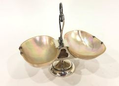 Edwardian silver-mounted and mother-of-pearl shell small pedestal bonbon dish, the heart-shaped loop
